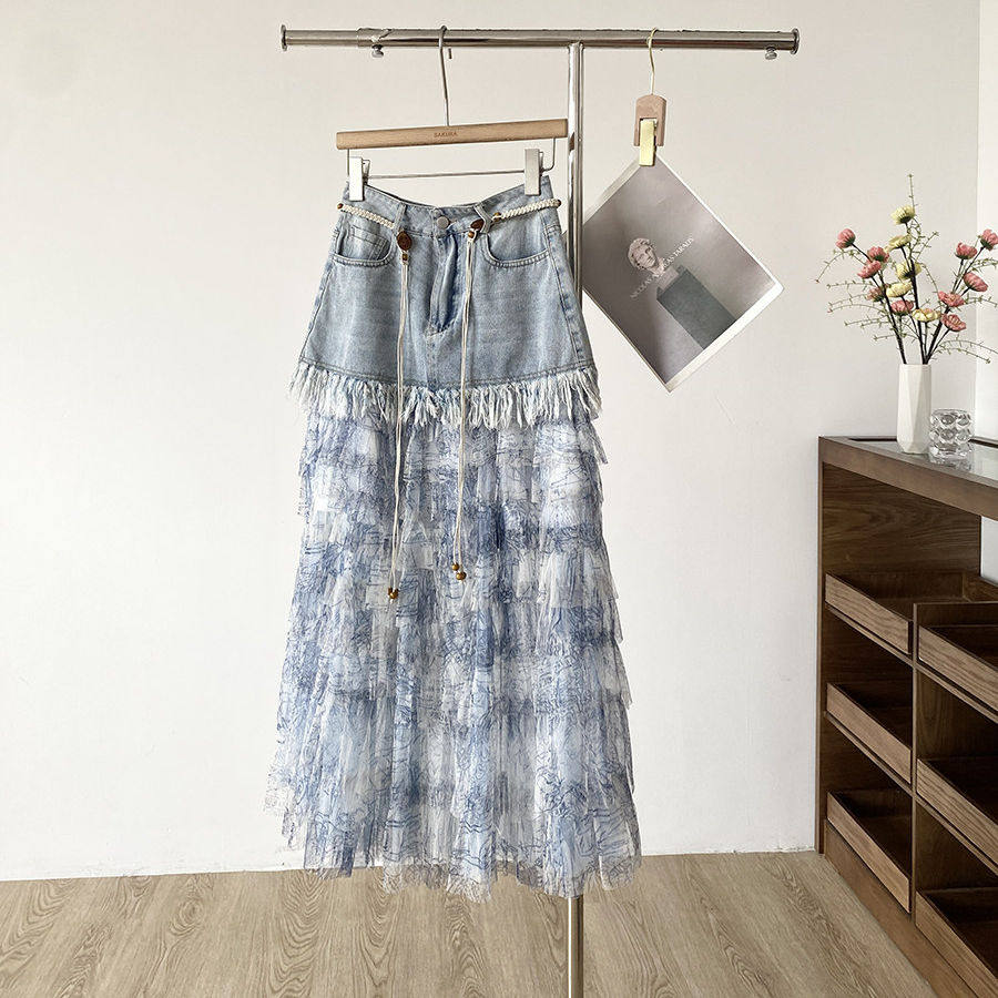 韩式高腰牛仔网纱拼接A字半身裙女春夏季新款chic毛边中长裙时髦