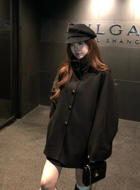 黑色富家千金斗篷双面羊绒大衣女秋冬立领设计感中长羊毛毛呢外套