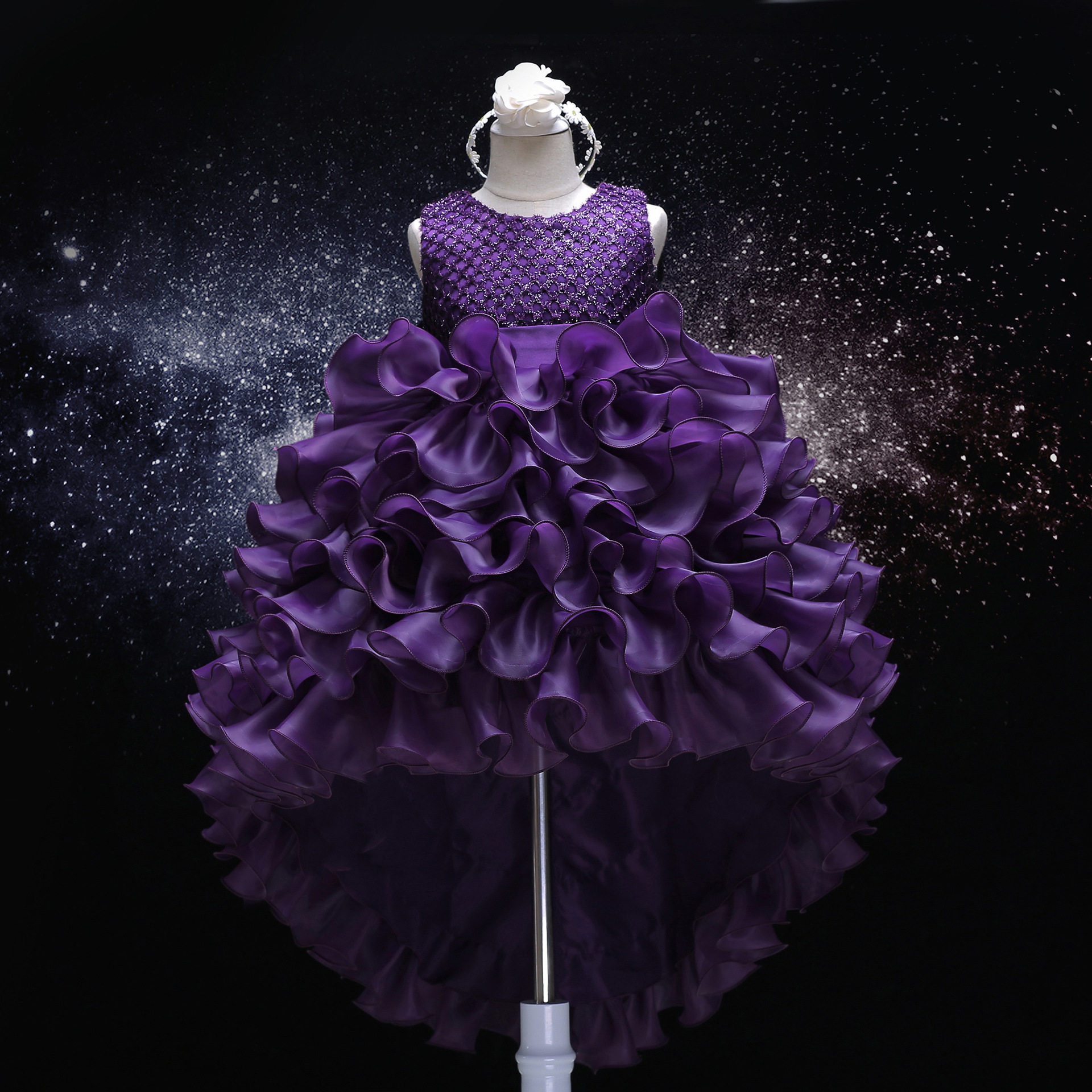 新款女童拖尾裙韩版儿童礼服紫色燕尾裙欧根纱多层蓬蓬裙厂家