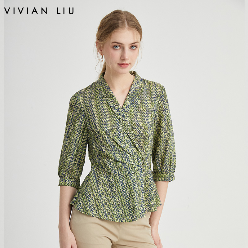 西装领印花粘纤真丝七分袖外套