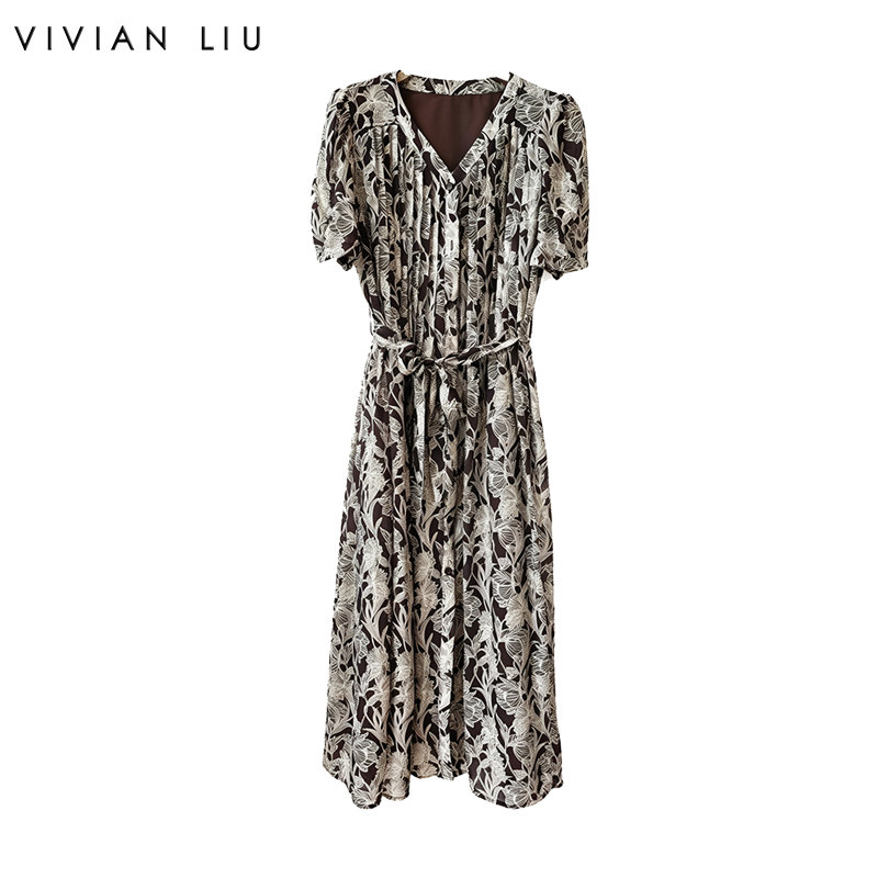 VIVIAN LIU薇薇安刘D2634110夏季女装新款V领短袖A字印花连衣裙