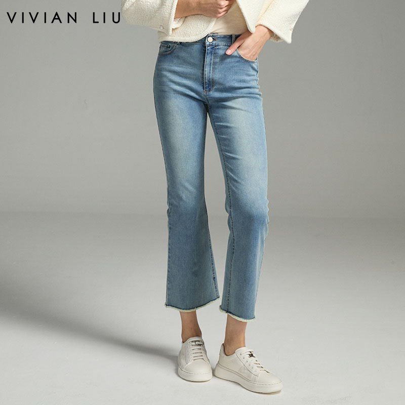 斜插兜高腰显瘦复古微喇牛仔长裤