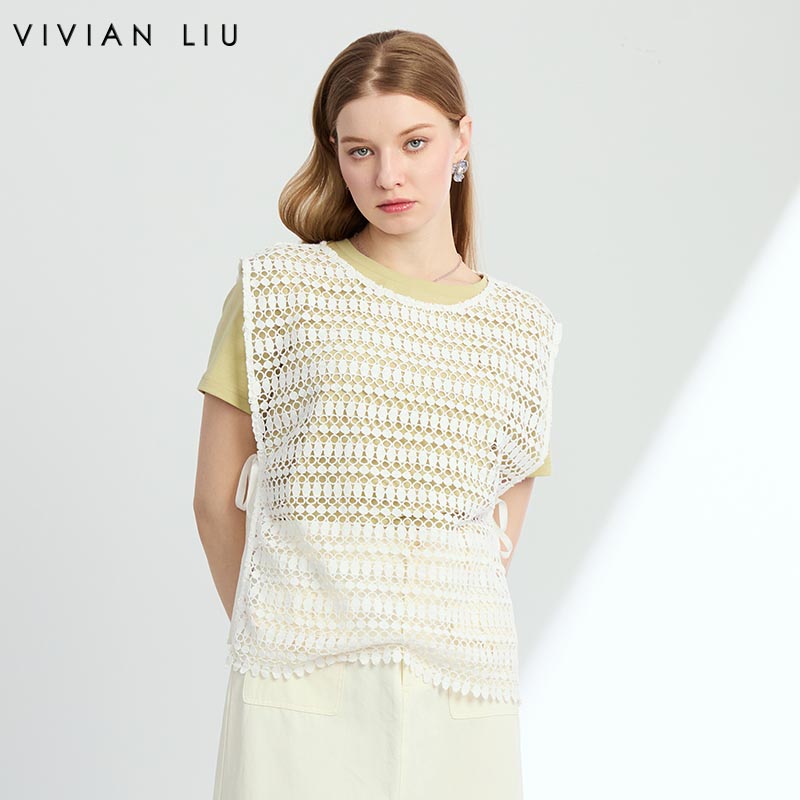 VIVIAN LIU D2443008初秋女装新款时尚圆领无袖蕾丝飘带背心