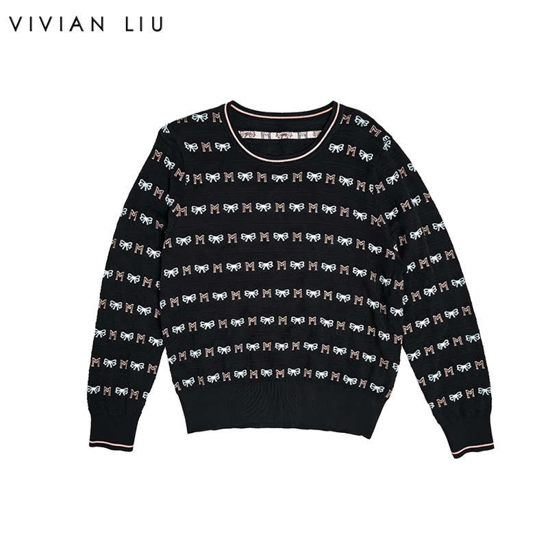 VIVIAN LIU D2626306春女装新款M字蝴蝶结提花圆领撞色长袖毛衫