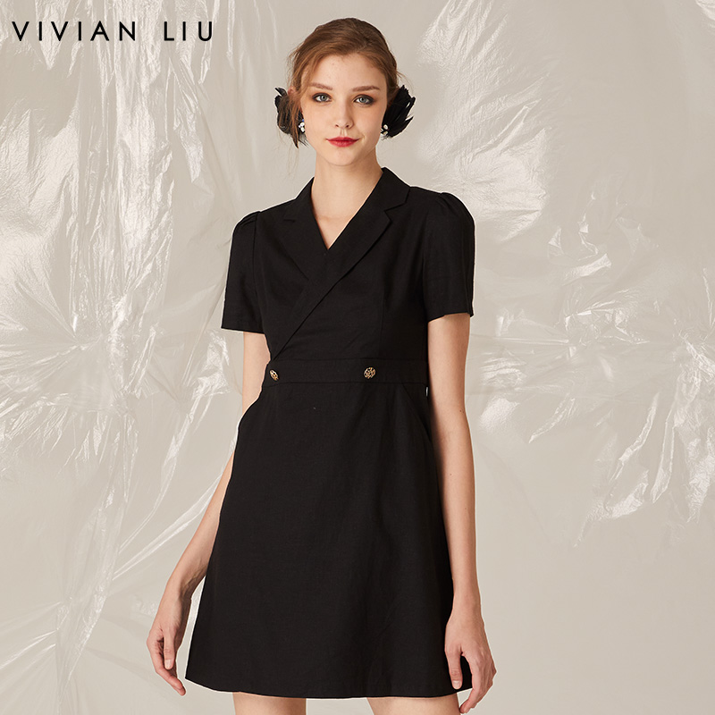 西服领半袖素色通勤连衣裙