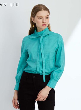 VIVIAN LIU R2443005初秋女装新款小翻领系带不规则下摆长袖衬衫