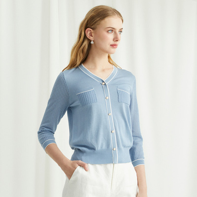 VIVIAN LIU薇薇安刘TR2416307梅春女装新款V领撞色长袖开衫毛衣