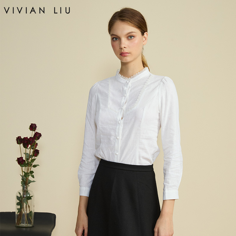 圆领拼接精致花边修身短款衬衫