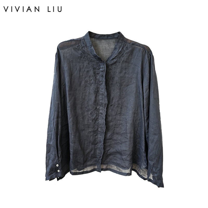 VIVIAN LIU薇薇安刘D2633030夏女装新款文艺苎麻刺绣立领开衫