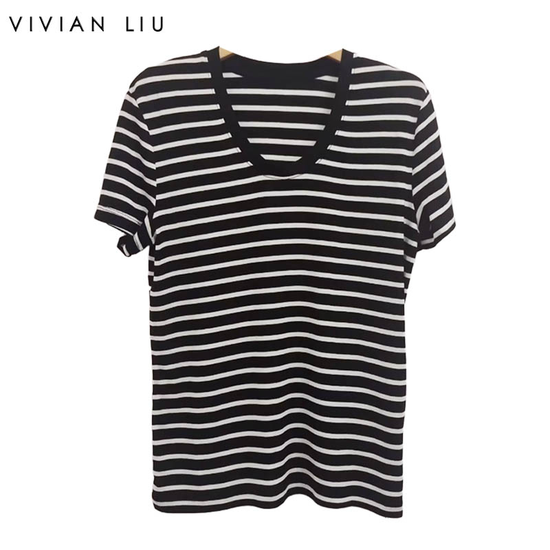 VIVIAN LIU薇薇安刘C2537302夏女装新款大U领针织条纹半袖