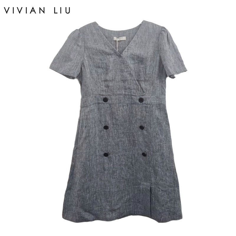 VIVIAN LIU薇薇安刘R2434110女装新款时尚V领短款短袖收腰连衣裙
