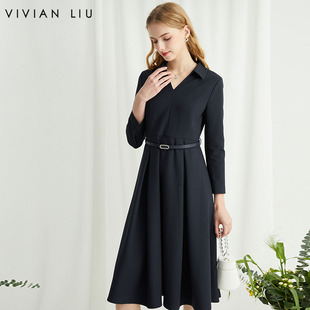 长袖 VIVIAN 翻V领腰带修身 新款 连衣裙 LIUR2414106梅春女装