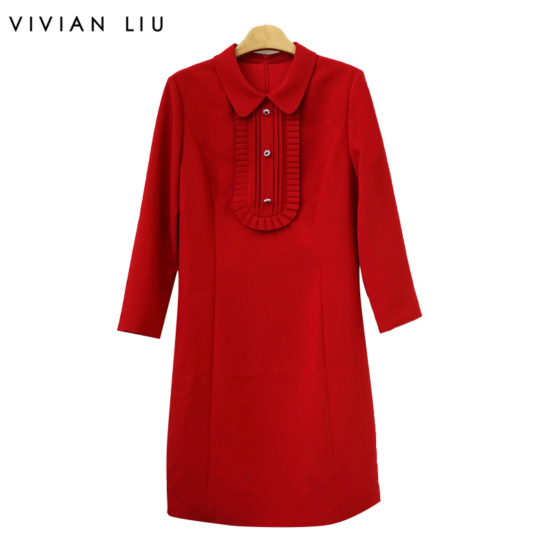 小翻领胸前风琴褶纽扣装饰连衣裙