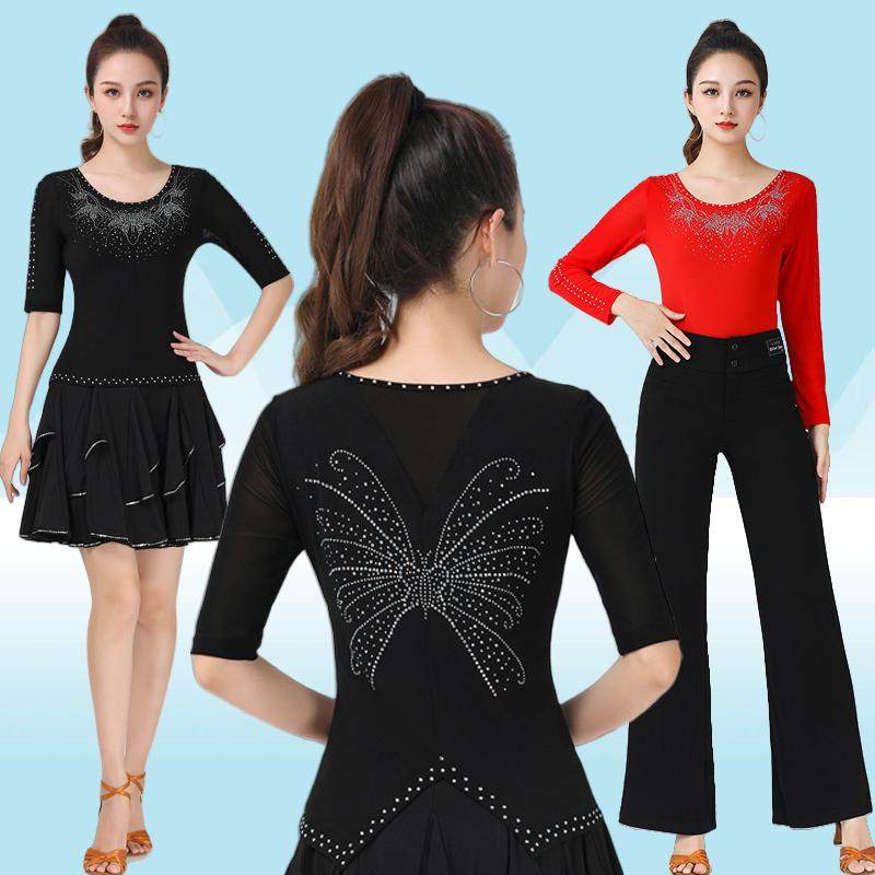 新款广场舞服装上衣女2025烫钻长袖摩登吉特巴舞蹈服水兵舞演出服