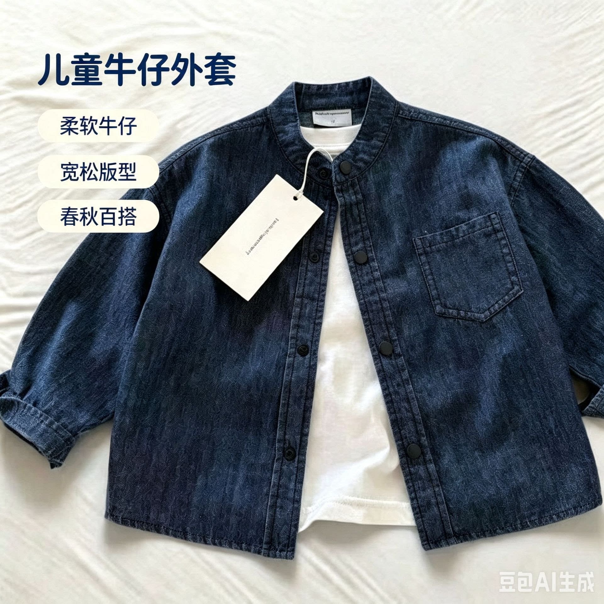 儿童牛仔衬衫2025秋男童日系潮牌立领衬衣宝宝小童简约纯色薄外套