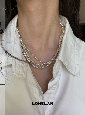LONSLAN ACC 早秋个性小众银色金属球串珠三层叠搭项链重工锁骨链