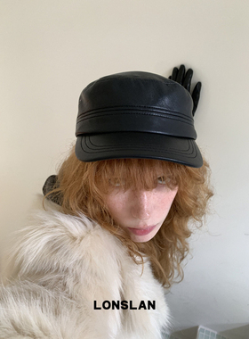 LONSLAN ACC 秋冬气质复古拼接黑色皮质雷锋帽百搭贝雷帽