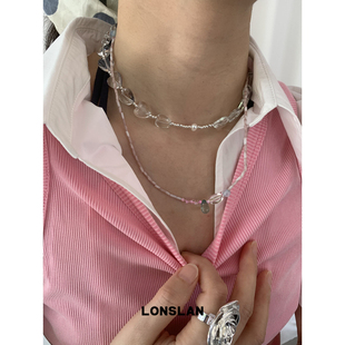 LONSLAN 2025ss粉色夏天串珠透明百搭锁骨链配小裙子项链 ACC