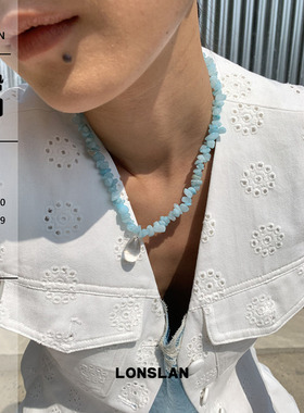 LONSLAN ACC 2025ss小众设计透明水滴吊坠蓝色串珠石头项链
