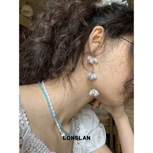 长款 2025ss法式 吊坠珍珠白色耳钉花朵流苏耳饰 ACC LONSLAN