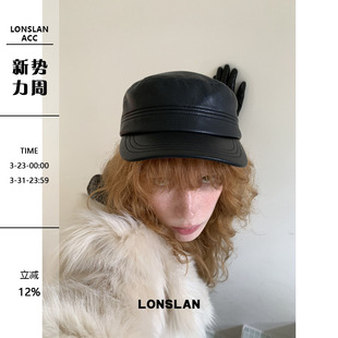 LONSLAN ACC 秋冬气质复古拼接黑色皮质雷锋帽百搭贝雷帽
