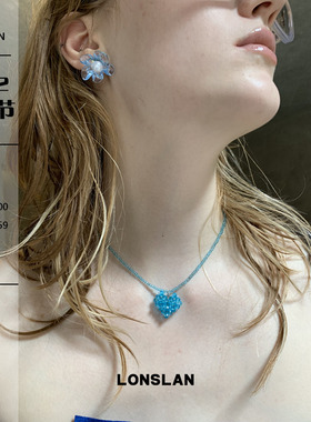 LONSLAN ACC 2025ss超显白湖蓝色爱心串珠项链韩系个性配饰
