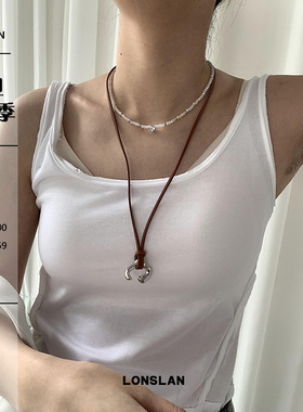 LONSLANACC复古棕色皮绳银色项链