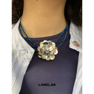 LONSLAN 2025ss设计感亮片花朵蓝色复古串珠项链可爱颈链 ACC