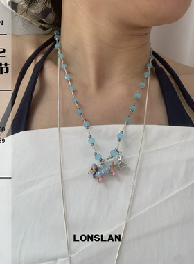 LONSLAN ACC 2025ss夏日童趣俏皮卡通蓝色小狗土星吊坠串珠项链