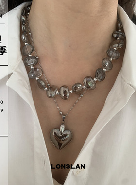 LONSLAN ACC 秋冬设计感灰色晶体爱心吊坠串珠叠戴项链百搭精致
