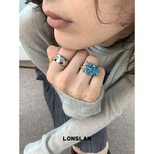 LONSLAN ACC韩版金蓝色锆石流苏高级感戒指