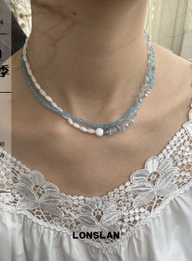 LONSLAN ACC 2025ss韩系蓝色小米粒串珠银色项链套组细款猫眼石