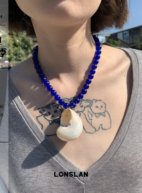 LONSLAN ACC 2025SS个性吸睛蓝色串珠贝壳项链百搭个性锁骨链