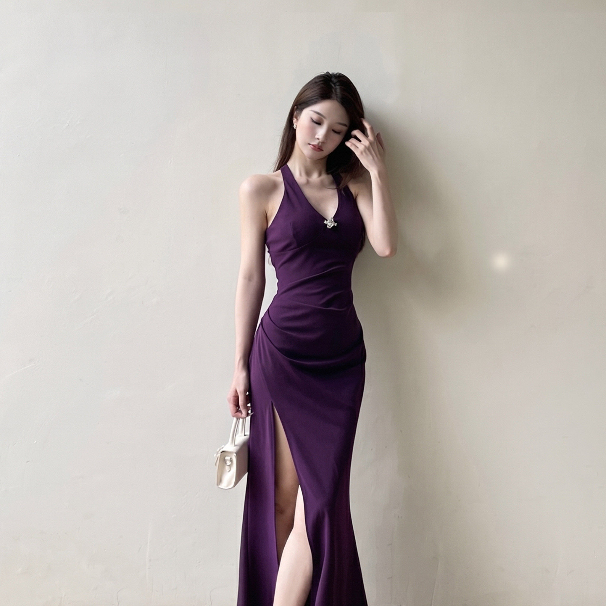 鹿小晚LUNA紫色V领无袖连衣礼服/晚装