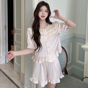 夏季 冰丝短袖 睡衣女款 2025新款 短裤 蕾丝纯欲少女高级感家居服套装