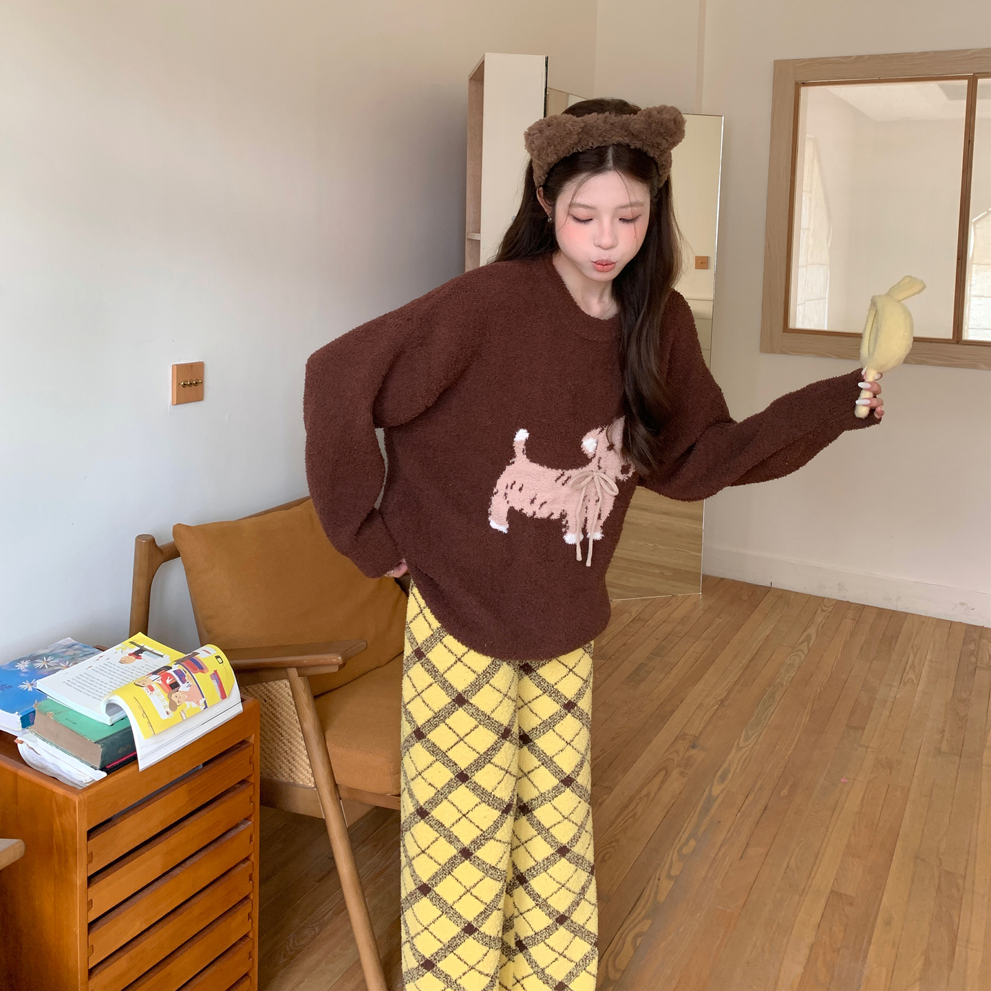 睡衣女款半边绒冬季家居服套装
