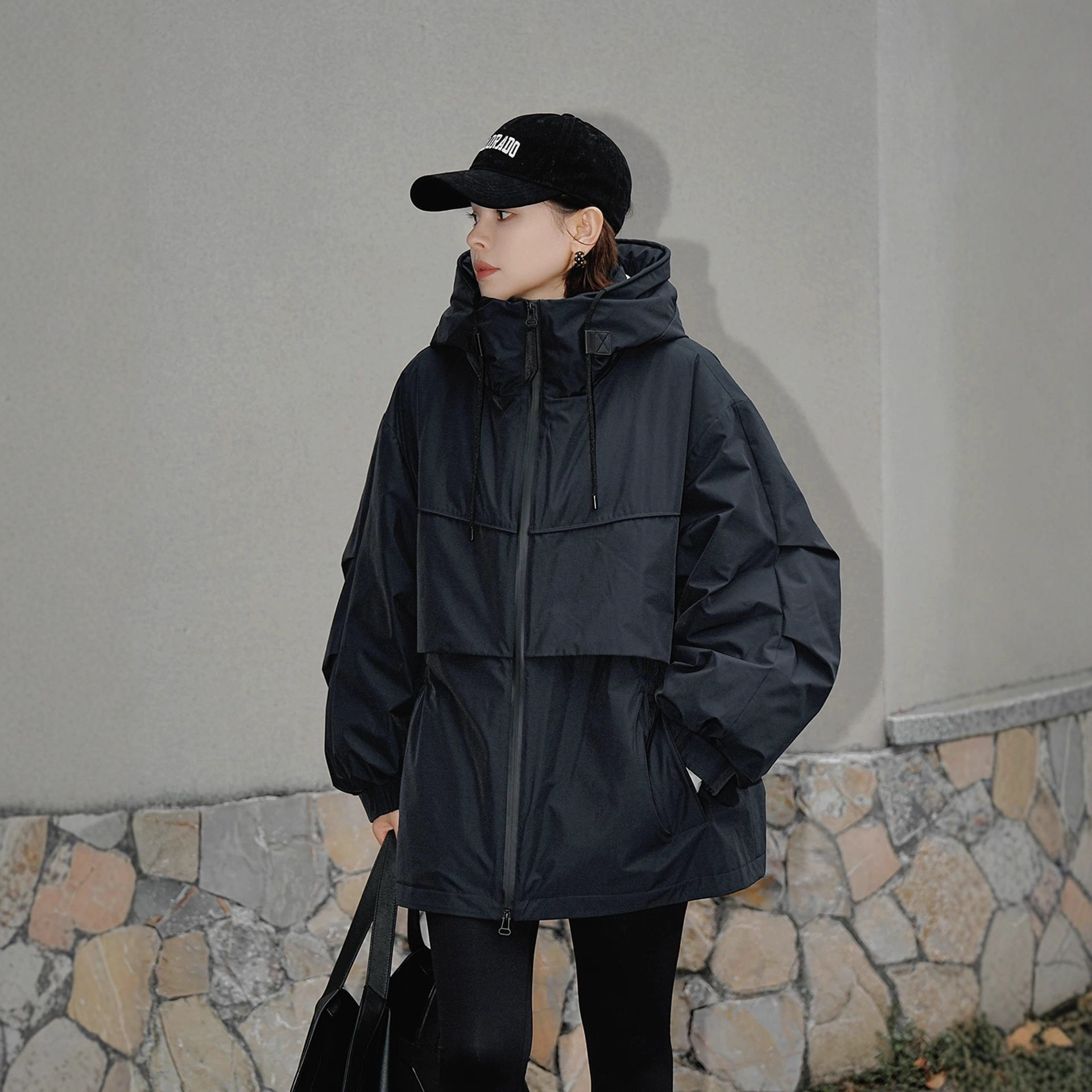 高暖白鹅绒 户外冲锋衣抽绳连帽羽绒服