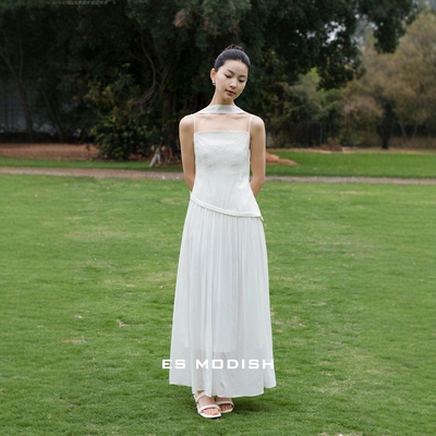ES吊带连衣裙拼接褶皱假两件长裙