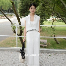 ES时尚亚麻天丝套装女2025夏季V领无袖衬衫背心高腰半身裙两件套
