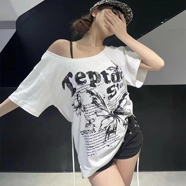 纯欲风露肩白色上衣女装2025夏季新款韩版宽松显瘦百搭短袖T恤潮