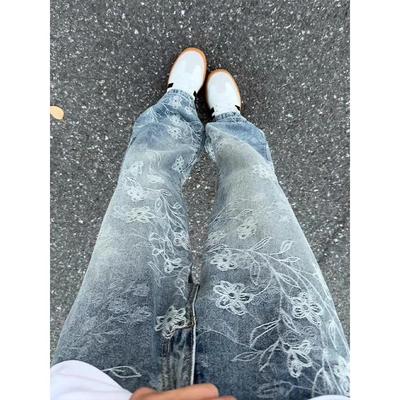 港潮男阁蓝色美式刺绣提花牛仔裤男款秋季痞帅高级感微喇裤子高街