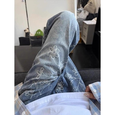港潮男阁蓝色美式刺绣提花牛仔裤男款秋季痞帅高级感微喇裤子高街