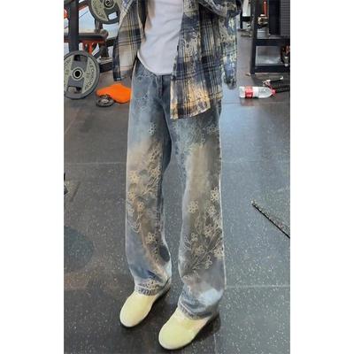 港潮男阁蓝色美式刺绣提花牛仔裤男款秋季痞帅高级感微喇裤子高街