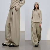 半圆原创设计女装 女 秋冬薄绒压褶宽松休闲高弹阔腿裤 2025 运动