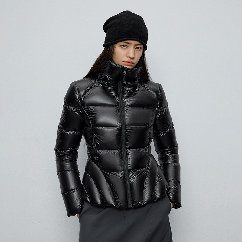亮面无胆防绒面料 半圆女装[运动]2025冬季黑色修身收腰羽绒服女