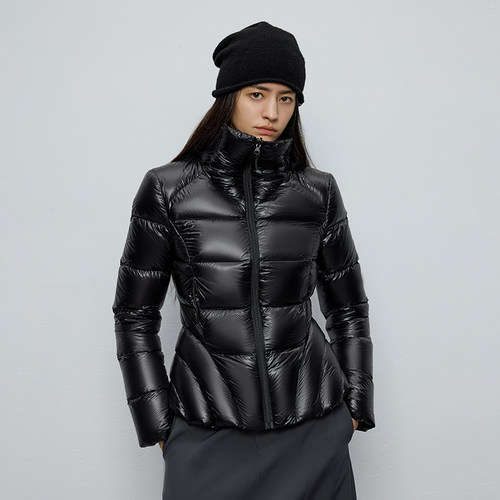 亮面无胆防绒面料 半圆女装[运动]2025冬季黑色修身收腰羽绒服女