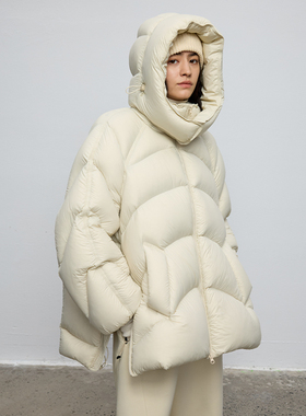 半圆原创设计女装[运动]2025秋冬宽松立领休闲茧形连帽羽绒服女