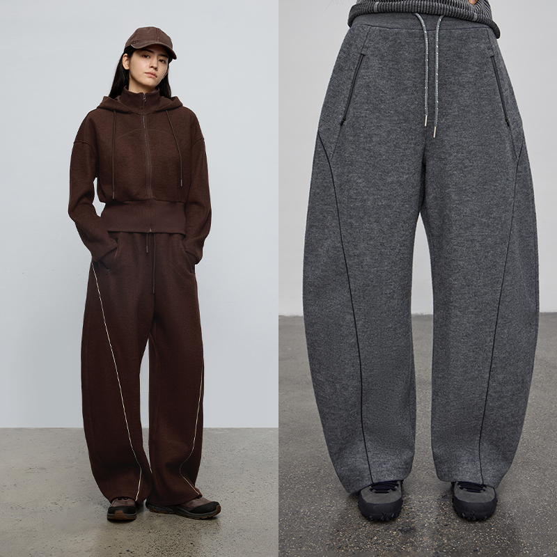 羊毛混纺 半圆女装2025[运动]秋季宽松休闲高腰针织弯刀裤子女