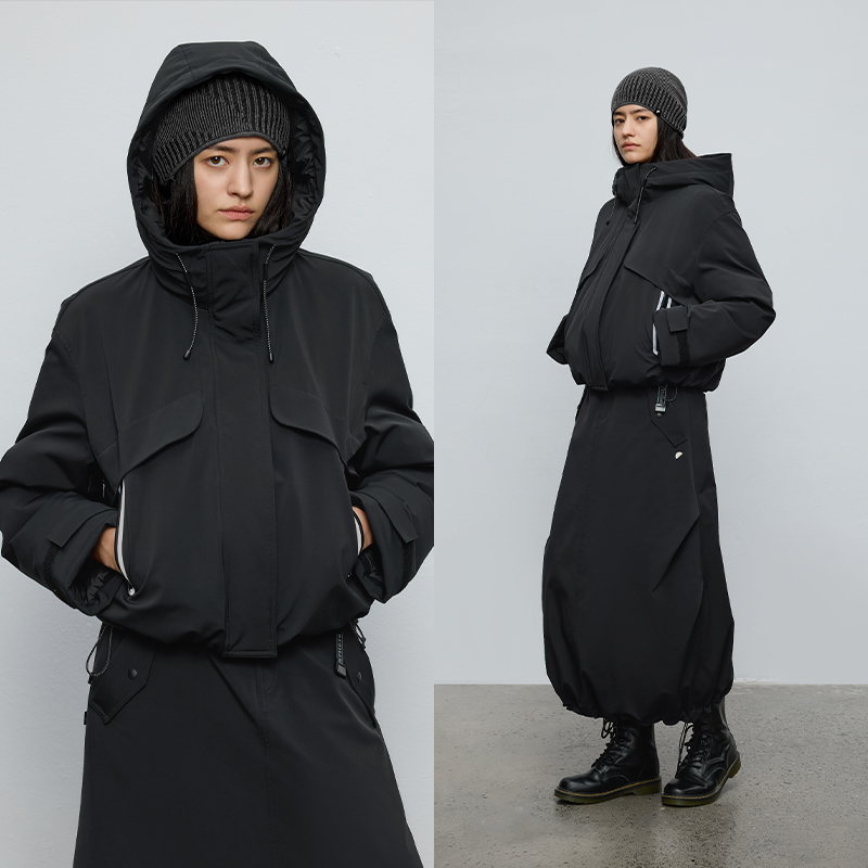 半圆原创设计女装[复古]2025秋冬宽松短箱型派克保暖连帽羽绒服女