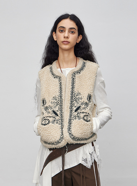 半圆原创女装[复古]2025秋季宽松休闲无袖绣花马甲女